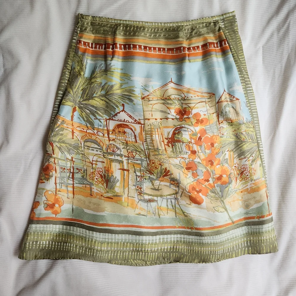 Sigrid Olsen 100% Silk Skirt Artsy Outdoor Cafe Print Sz 4 Nwot. SKIRT ONLY